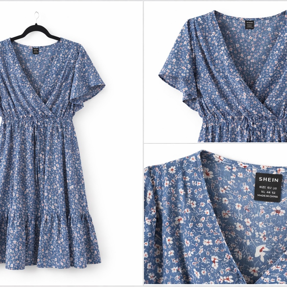 🌹 SHEIN Blue Floral Wrap Dress – XL (US 12)